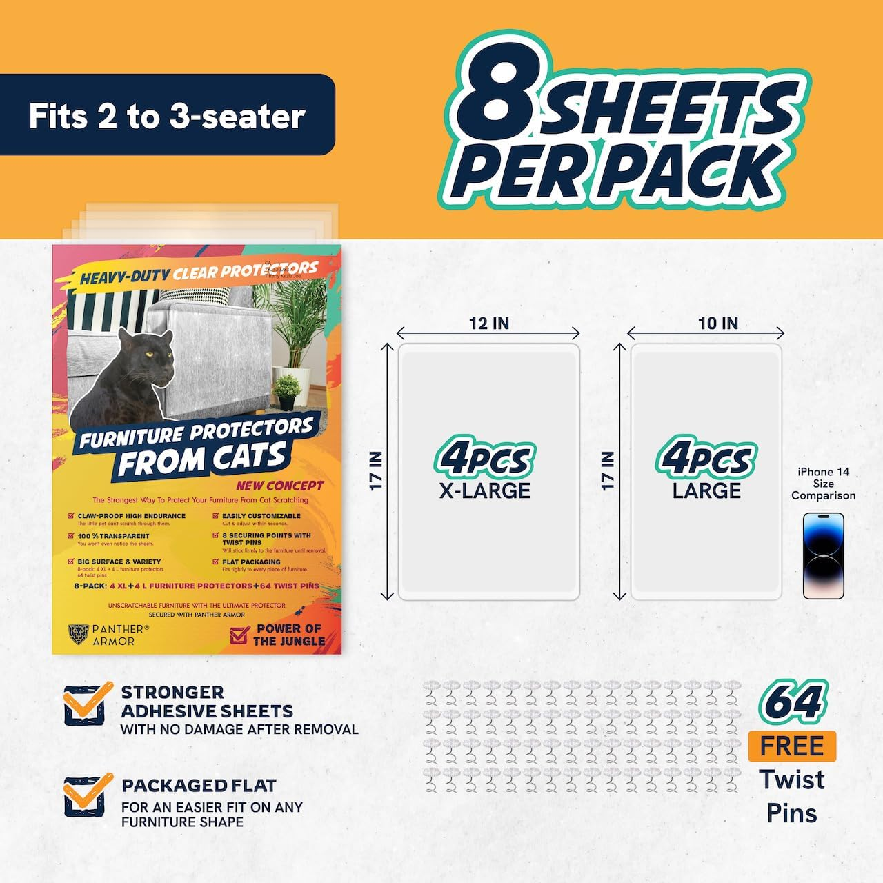 Panther Armor Furniture Protectors from Cat Scratch - 8(Eight)-Pack - Couch Guards for Cats - 4-Pack XL 17"L 12"W + 4-Pack Large 17"L 10"W Cat Scratch Deterrent - Couch Corner Cat Scratch Repellent image number 1