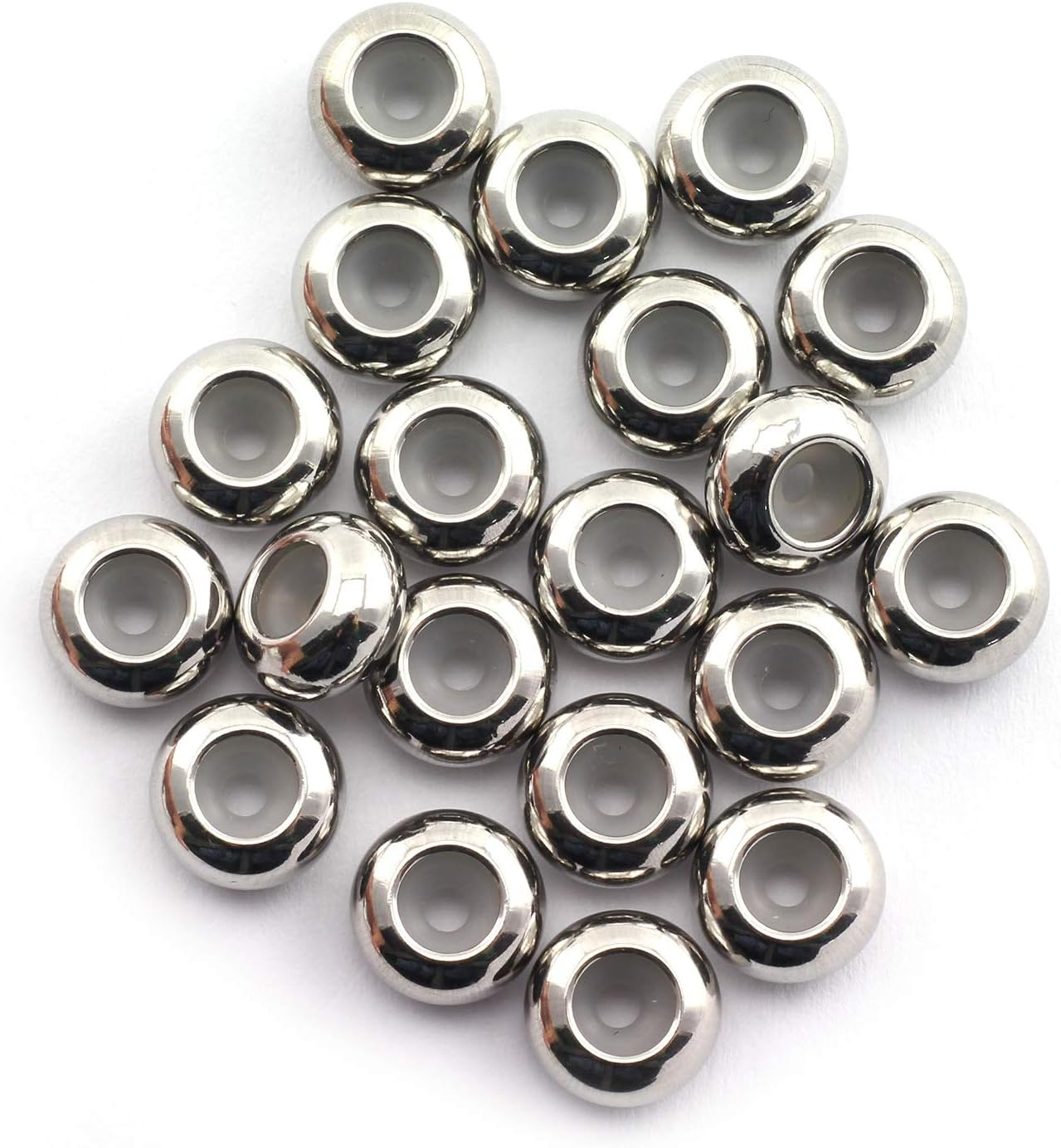 Tegg 20Pcs 6Mm Stainless Steel Insert Rubber Stopper Positioning Spacer Beads for Bracelet Necklace DIY Crafts Making Jewelry Findings Accessories 3Mm Hole 1.2Mm Height Flat Loose Beads Silver image number 2