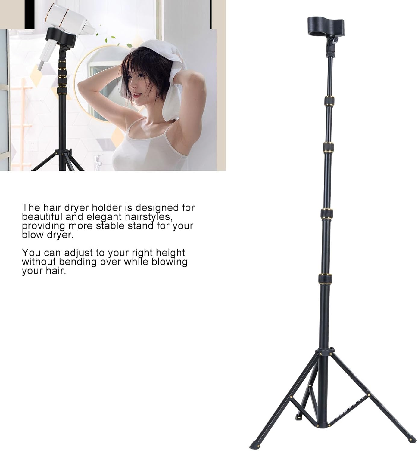 Hair Dryer Stand, 23.62-76.77 Inch Adjustable Height Hair Dryer Holder with Tripod and Universal Clip, 180 Degree Rotating Handsfree Blow Dryer Holder for Salons or Home Use image number 3