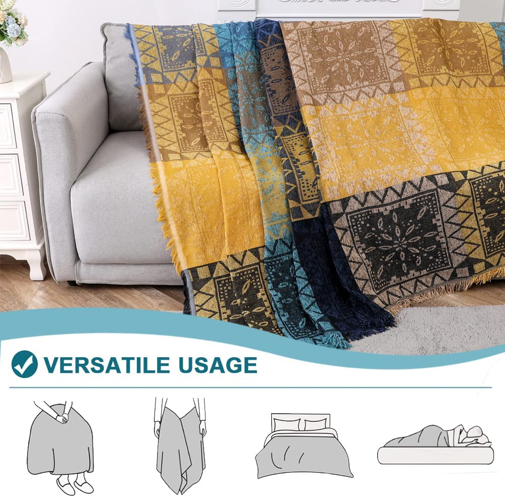 H.VERSAILTEX Boho Couch Cover Bohemian Cotton Sofa Cover Sofa Throw Cover for Couches Washable Sofa Couch Covers for Dogs Feature Hippie Chenille Jacquard Fabric(230Cm X 340Cm, Xx-Large, Yellow Navy) image number 2