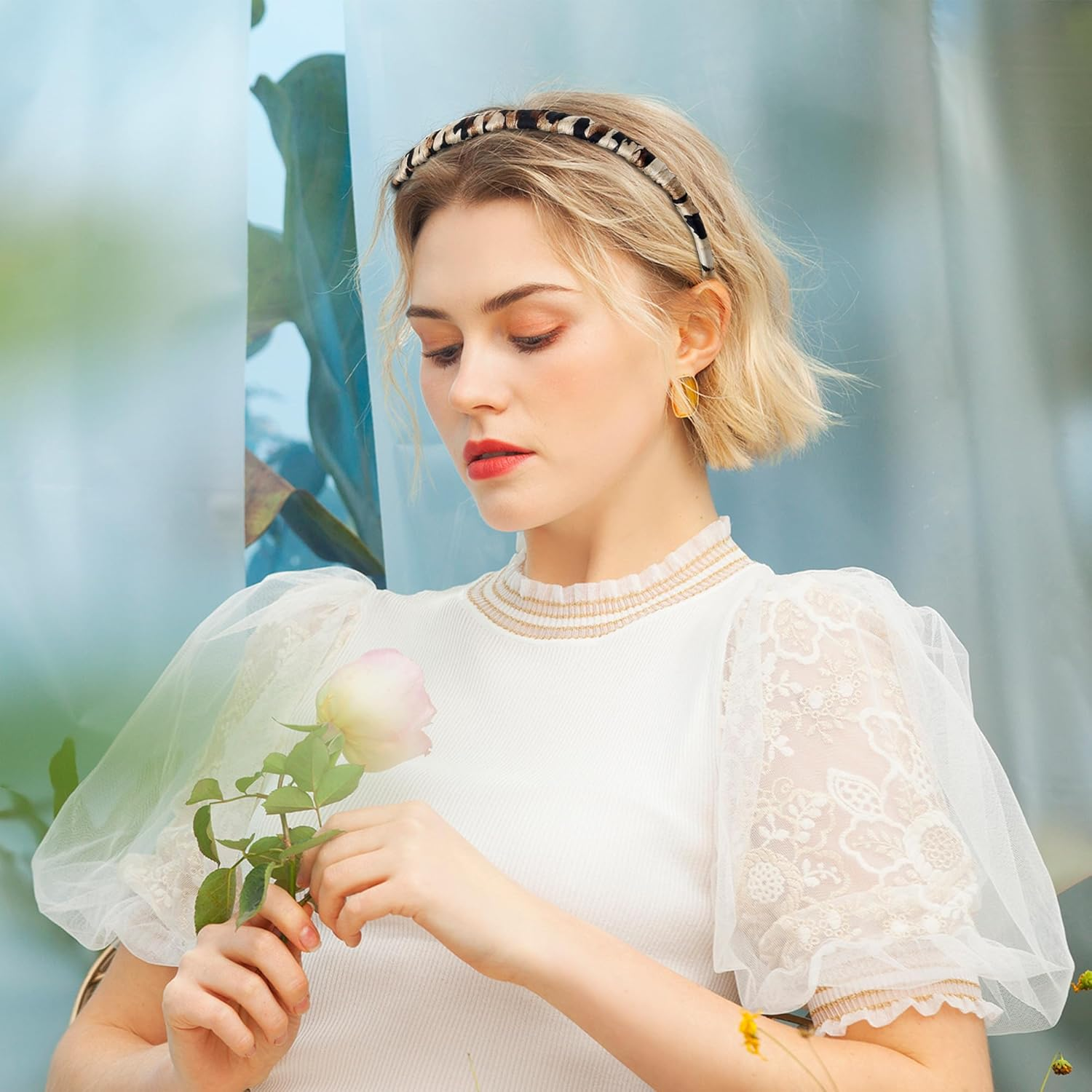 Pack of 5 Hair Bands for Girls and Women, Plastic Headbands with Teeth Comb Thin, Fashion Elasticity, Non-Slip Hair Bands with Leopard Print, Plain Headband, Hair Accessories