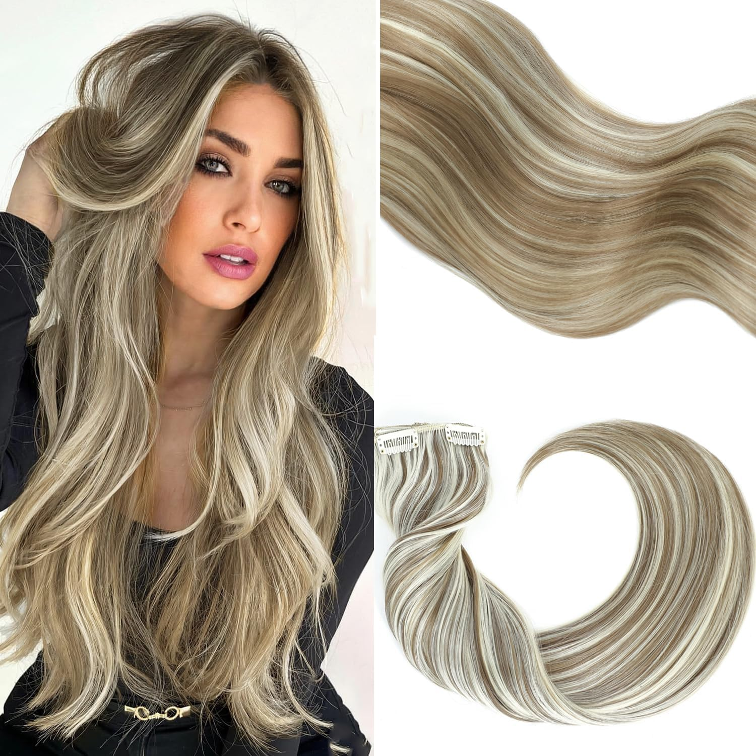 FINE plus Clip-In Extensions, 6 Pieces, Long Wavy Hair Extensions, Synthetic Extensions, Double Weft Hair, Full Head, Seamless Hairpiece for Women (77.33 Cm, Ash Brown with Platinum Highlights) image number 4