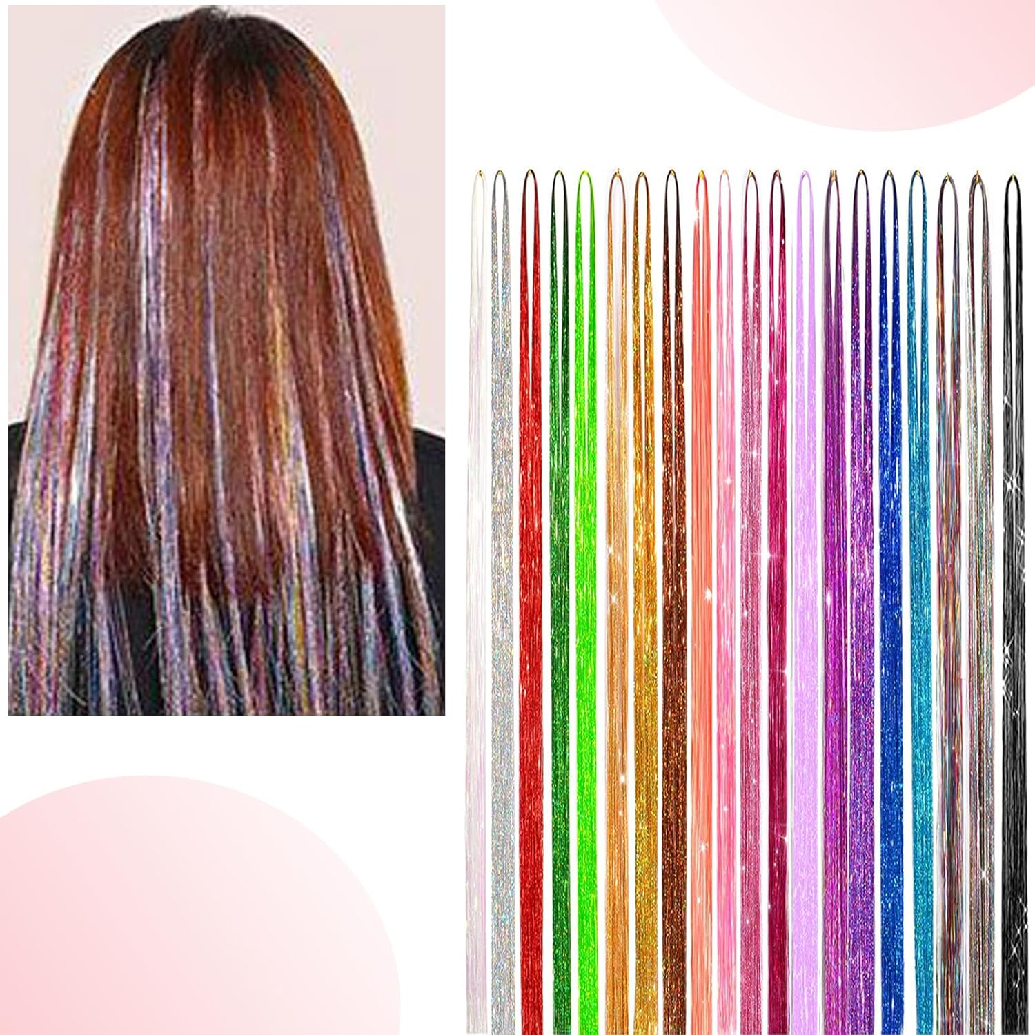 VEGCOO Coloured Hair Extensions 4400 Strands, Hair Tinsel Kit 20 Colors with Tools, Glitter Synthetic Straight Hair Extension Clips Party Highlights Hair Accessories for Kids Girls Women image number 6