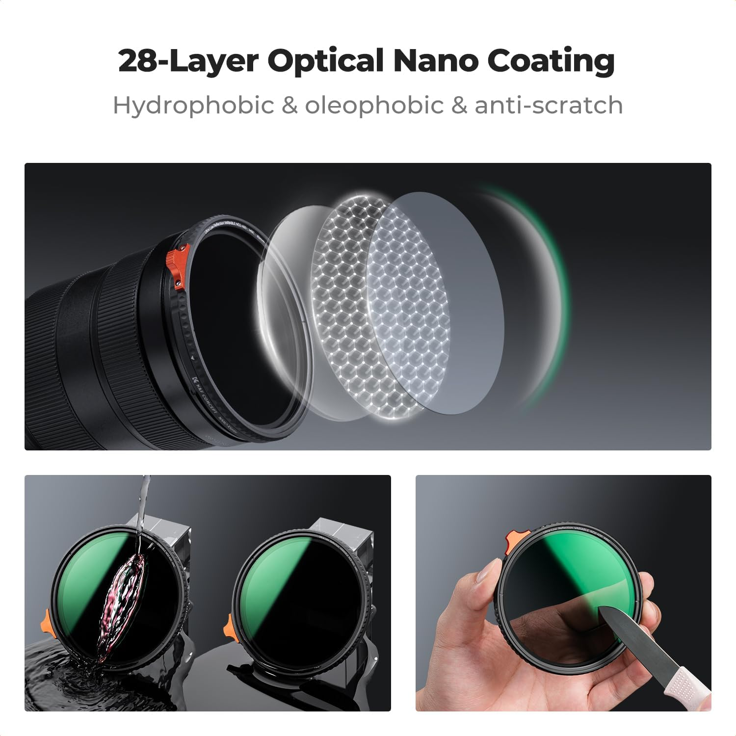 K&F CONCEPT 77Mm Ultra Low Reflectivity Variable ND Filter ND2-ND400 (1-9 Stops) 28 Multi-Layer Coatings AGC Glass Adjustable Neutral Density Camera Lens Filter (Nano-X) image number 6
