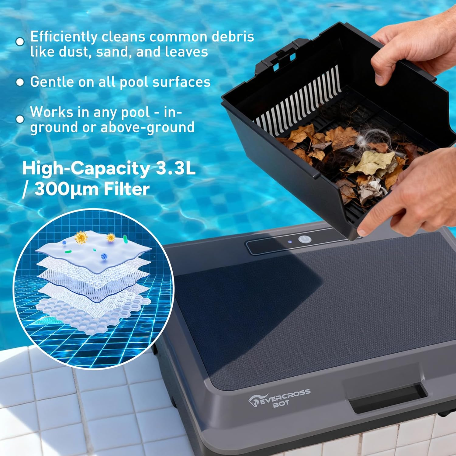 Y9T Robotic Pool Skimmer, Cordless Water Surface Cleaning, Smart Route Planing and Docking, Triple-Motor System, Button and App Control, Solar Charging, Cleaning for 140㎡ Pools image number 6