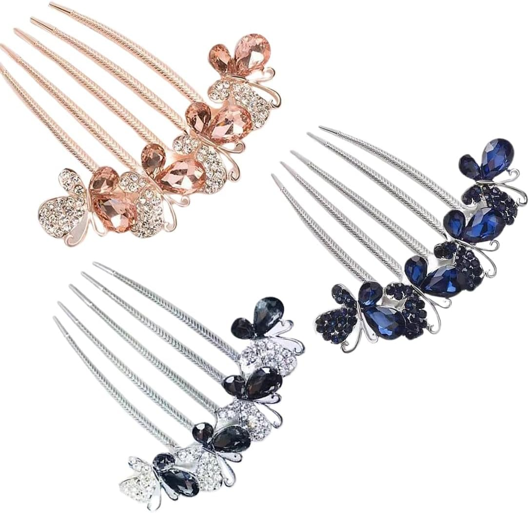 LQI Set of 3 Flower Rhinestone Hair Comb Accessories Wedding Crystal Opal Hair Side Comb Long Tooth Hair Clip Butterfly Hair Accessories image number 2