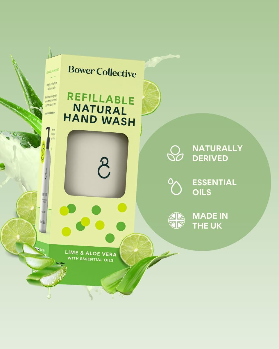 Bower Collective Natural Hand Soap Starter Pack, Lime & Aloe Vera Liquid Hand Wash, Reusable Soap Dispenser with 400Ml Refillable Bathroom Soap, Eco-Friendly Handwash image number 3