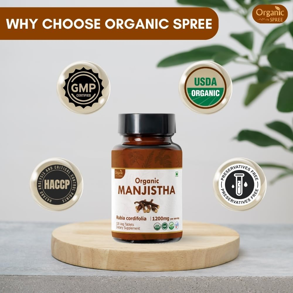 Manjistha 120 Tablets | Rubia Cordifolia (Manjistha) | USDA Organic Certified | Organic and Natural 120Tab image number 1