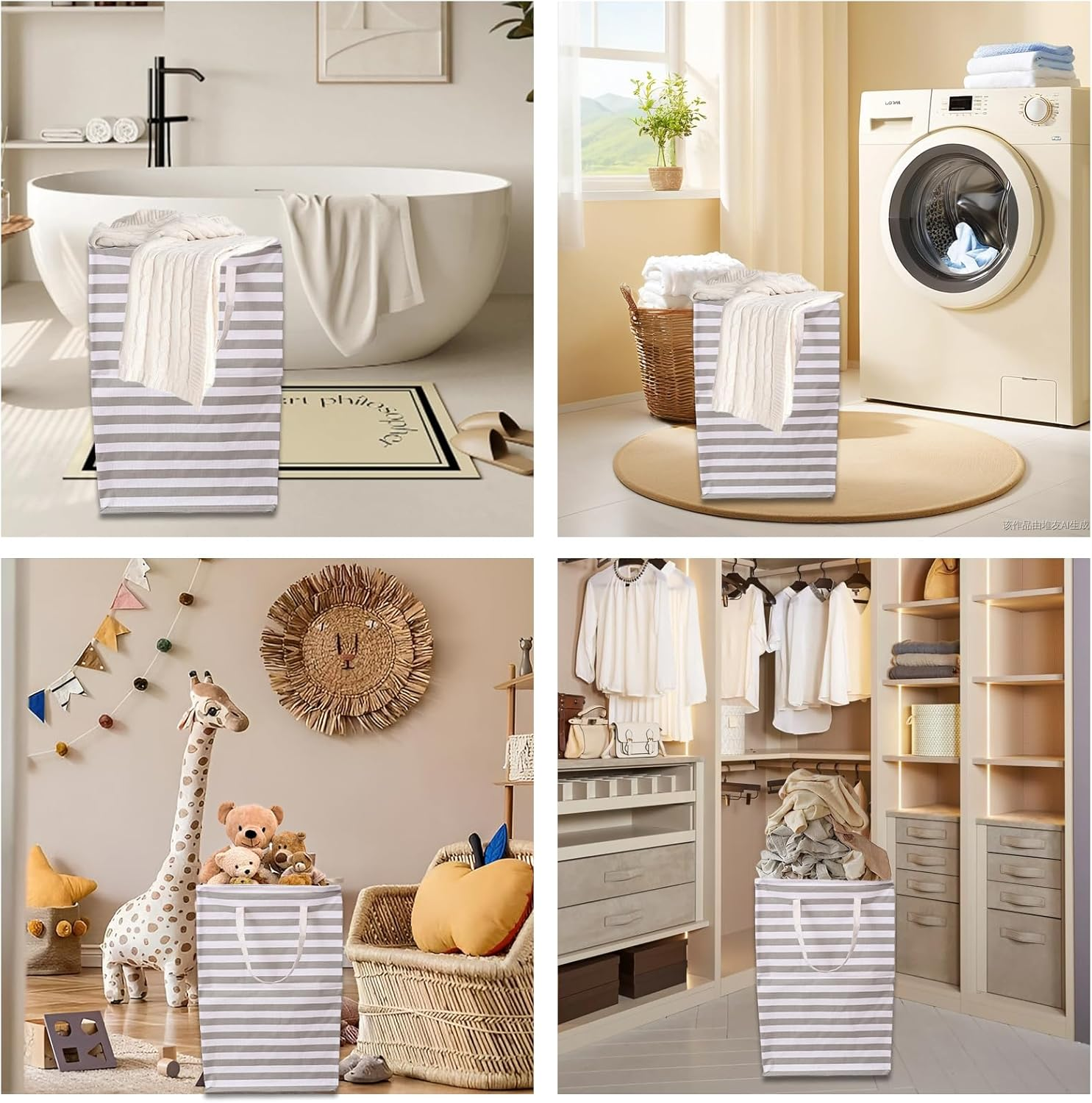 2-Pack Large Laundry Basket, Waterproof, Collapsible Tall Clothes Hamper with Extended Handles for Clothes Toys in the Dorm and Family-(75L, Stripe) - 1-Pack Stripe image number 2