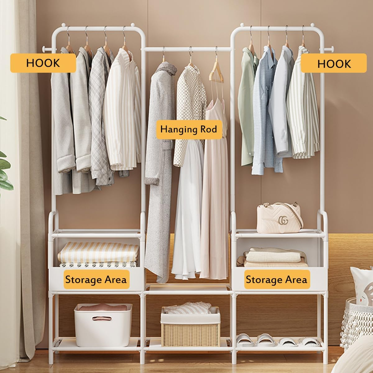 Clothes Rack, 3 Rods Portable Clothing Hanging Garment Rack, Clothing Rack with 6 Shelves and 2 Storage Pockets image number 3