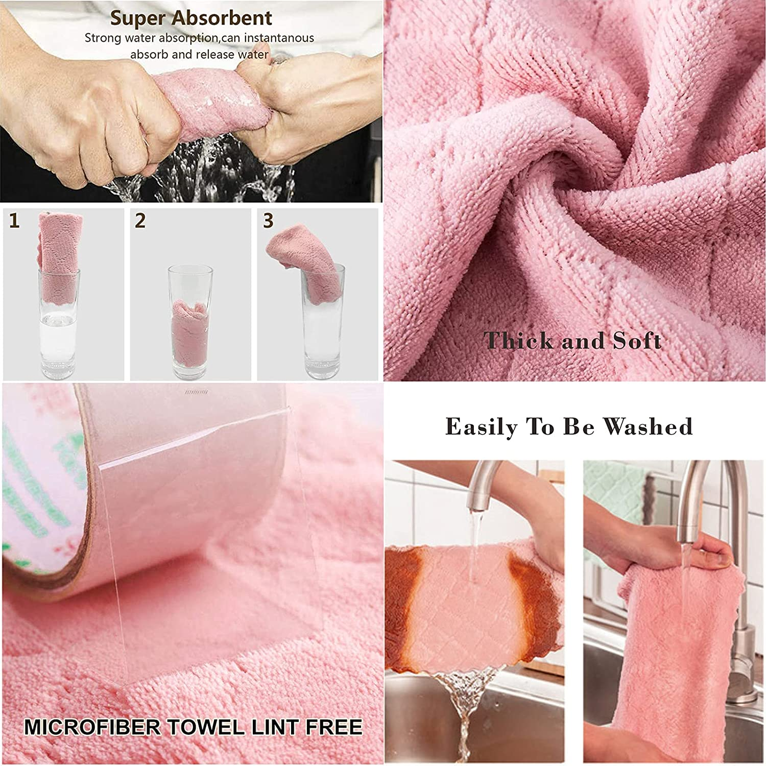 12 Pack Kitchen Towels Quick Dry Washcloths, Coral Velvet Dishtowels Multipurpose Reusable Dish Cloths, Soft Tea Towels Absorbent Cleaning Cloths Double-Sided Microfiber Towel Lint Free Cleaning Rags. - Pink image number 5