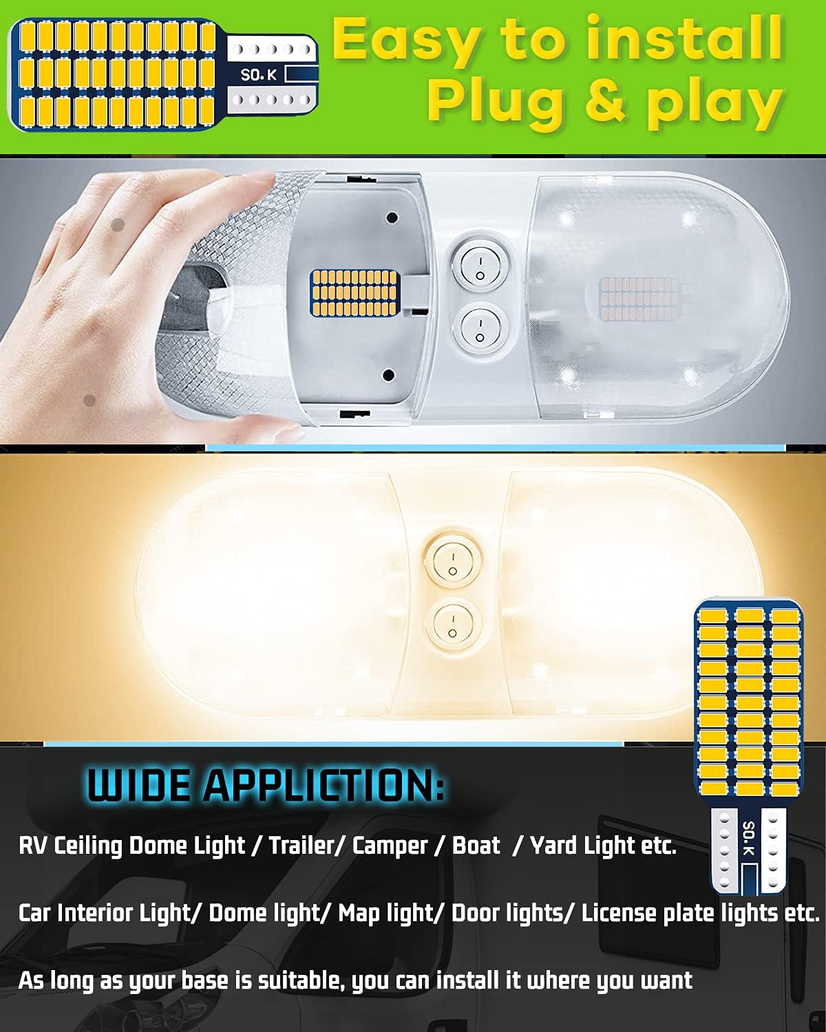 UNXMRFF - Super Bright Natural Warm White T10 921 922 912 LED Bulb for 12V RV Ceiling Dome Light/Rv Interior Lighting/Travel Trailer/Camper/Boat (Pack of 10) - Warm White image number 2