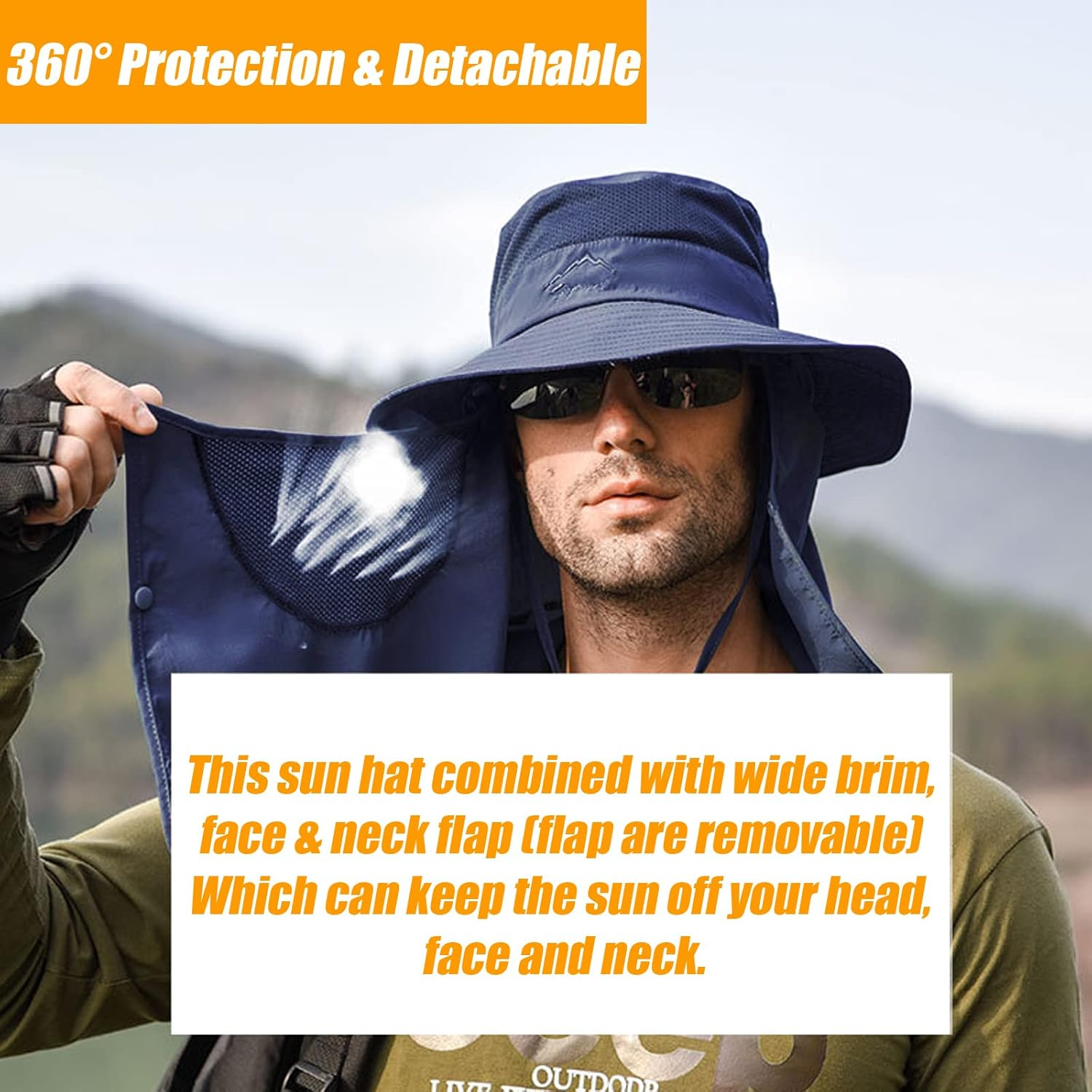 Fishing Hat for Men & Women, Outdoor UV Sun Protection Wide Brim Hat with Face Cover & Neck Flap - Black image number 2