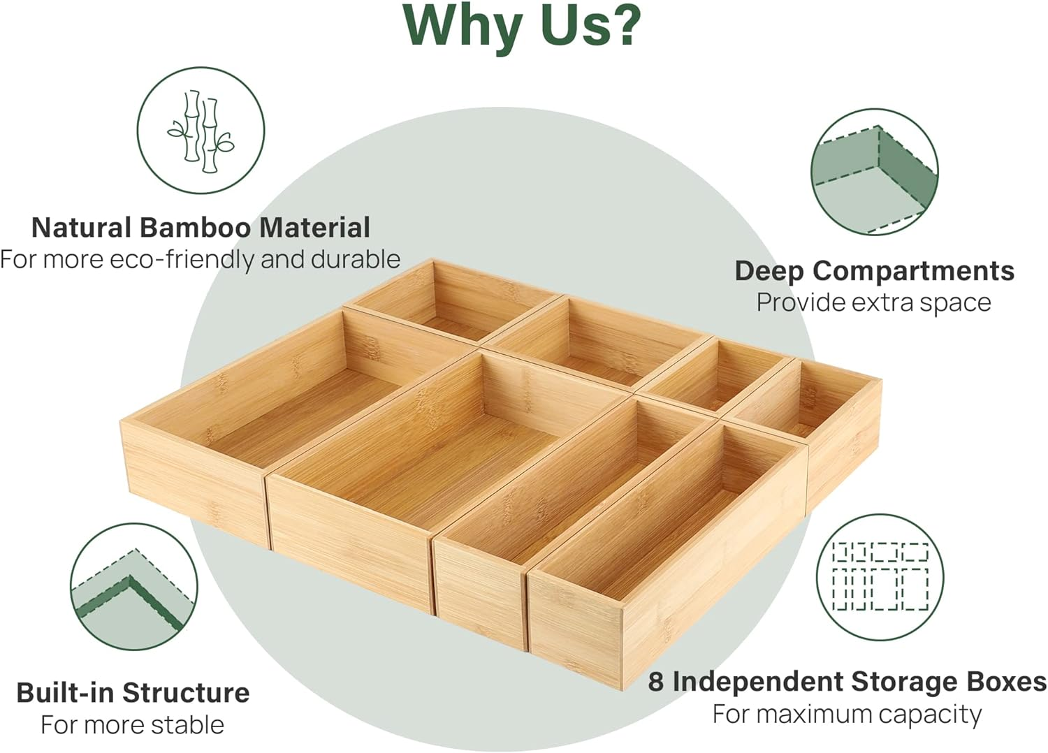 Kootek 8 Pcs Bamboo Drawer Organizer Utensil Tray Kitchen Storage Box 4-Size Versatile Dividers Cutlery Holders Bins Containers for Flatware Kitchen Utensils