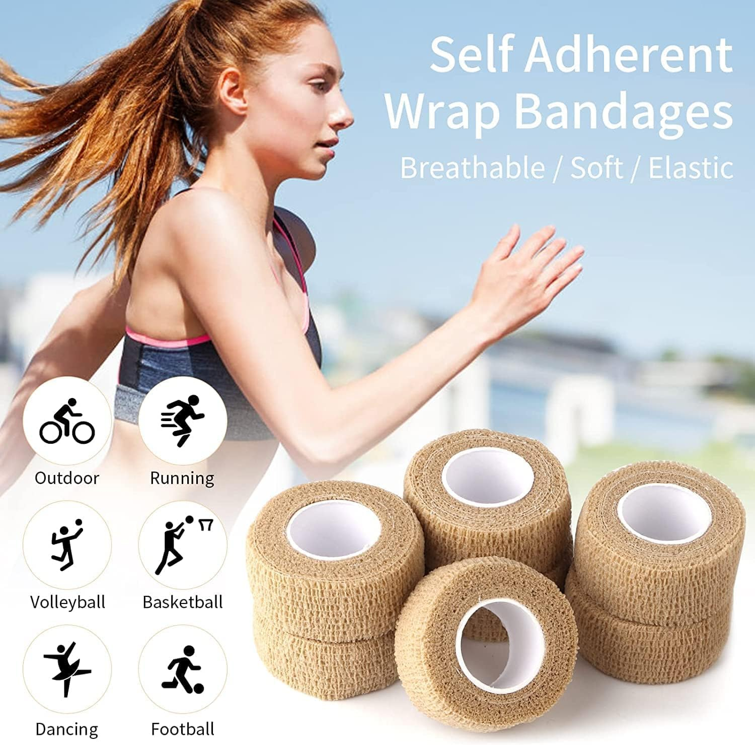 Self Adherent Wrap Tape, 8 Rolls 1'' X 5Yards Strapping Tape, Stretch Breathable Athletic Bandage, First Aid Cohesive Bandage for Sports, Human,Ankle Sprains,Vet Wrap,Swelling image number 2
