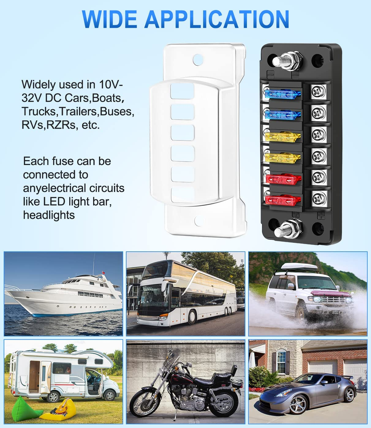 6 Way Fuse Box, 12V Blade Fuse Block with Negative Bus, Fuse Box Holder with LED Indicator ATO/ATC Fuse Panel Waterproof Cover for 12V Automotive Car, Truck, Marine Boat, RV, Trailer