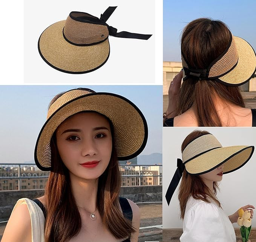 FIME. Women Sun Visor Hats Beach Foldable, Roll up Wide Brim Bowknot Summer Straw Hat Cap Cruise Wear for Womens,Women'S Sun Hats UPF50 UV Protection Sun Hat (Khaki) image number 4