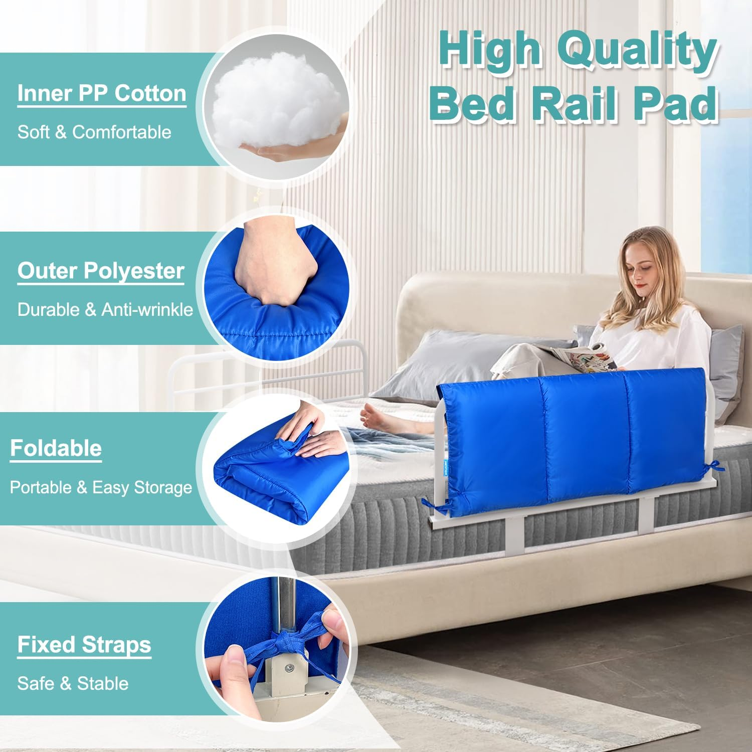 Bed Bumper Pads for Hospital Bed Rail Cover Crib Padding Bedside Safety Guard for Adults Medical Foam Bumper Pads Padding Cover Falling Out of Bed Crash Bumpers 30"X12" (Blue,1 PCS) image number 1