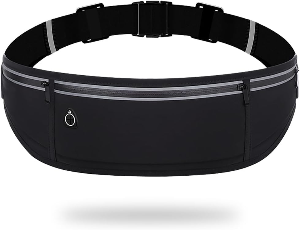 Slim Running Belt Fanny Packs for Women & Men, 3 Pockets Adjustable Reflective Waist Pack Runners Bag Money Belt Phone Holder for Running Sports Hiking Traveling (Black)