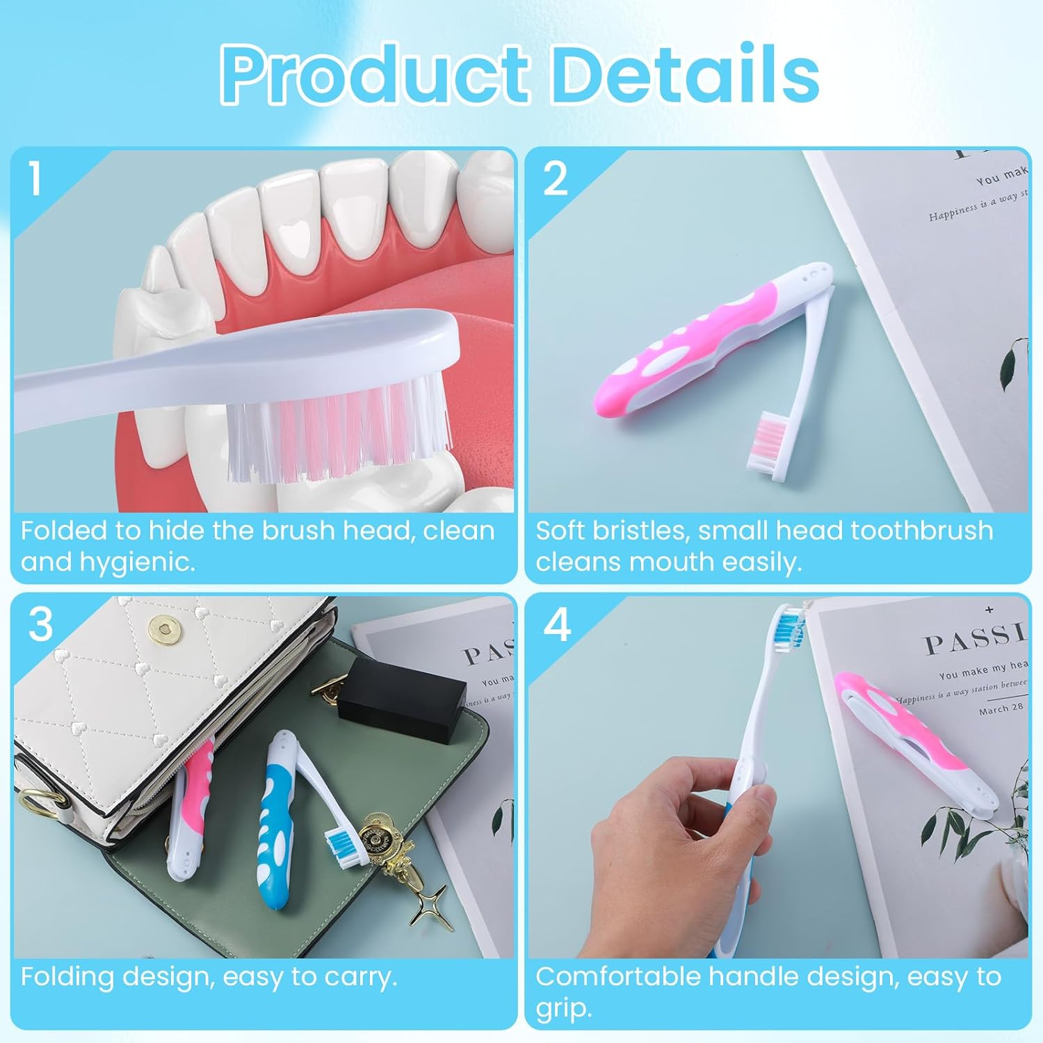 Aeaocvo 2Pcs Folding Toothbrush, Portable, Soft Travel Size, for Hiking, Camping, Traveling image number 4