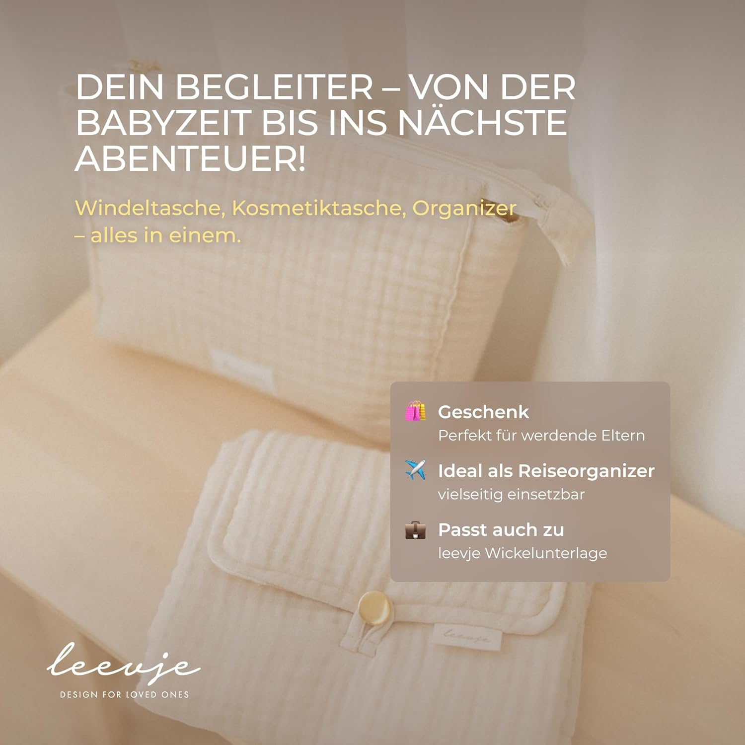 Nappy Bag for on the Go - 100% Cotton Baby Nappy Bag - Beige - Suitable as Changing Bag, Cosmetic Bag & Travel Organiser - Matches Changing Mat image number 3