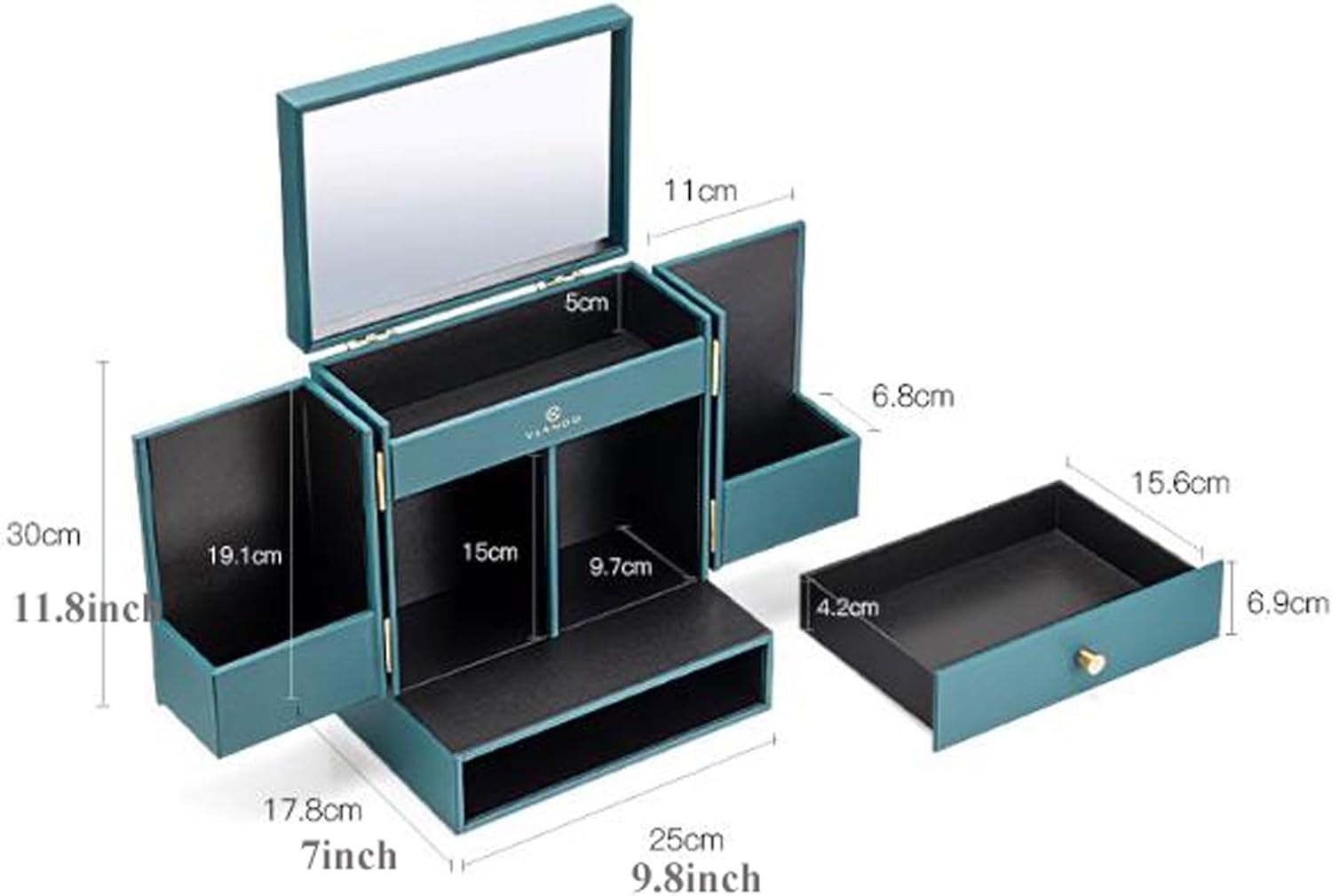 Cosmetic Organizer Luxury Makeup Organiser Storage Box Cabinet with Mirror and Drawer, Cosmetic Organizer MDF, Skincare Beauty Caddy for Dresser & Bathroom, Dust-Proof Waterproof(Green) image number 1