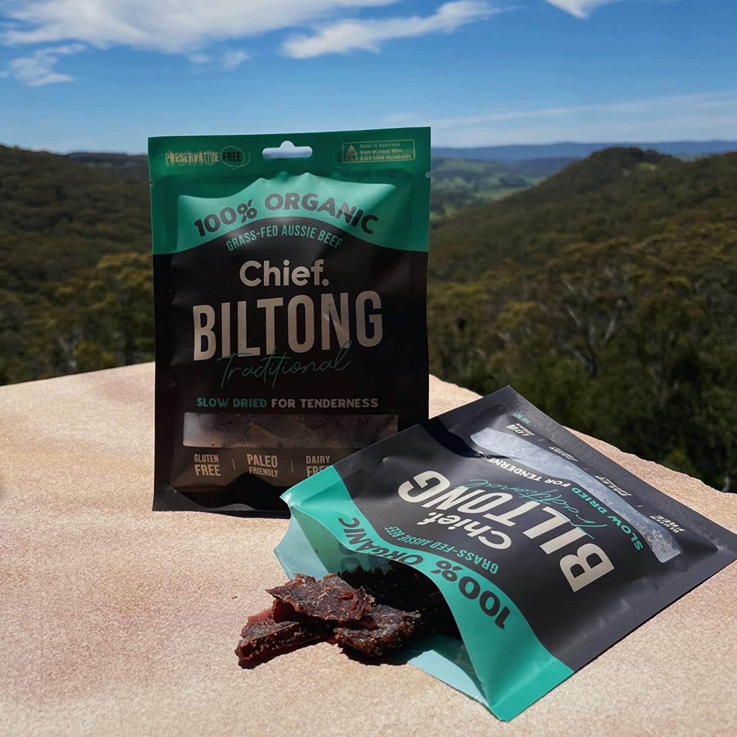CHIEF Traditional Beef Biltong (12 X 30G Bags) | 100% Organic Grass-Fed Aussie Beef, Paleo Friendly, Gluten Free, Dairy Free, Nut Free, Low Sugar