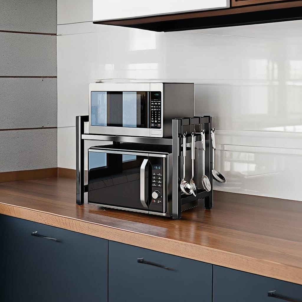 SZJUNXIAO Microwave Expandable Shelf 40-64 Cm, Oven Rack, Kitchen Organiser, Adjustable Width & Height Stand Counter with 4 Hooks (Black 1-Tier) image number 1