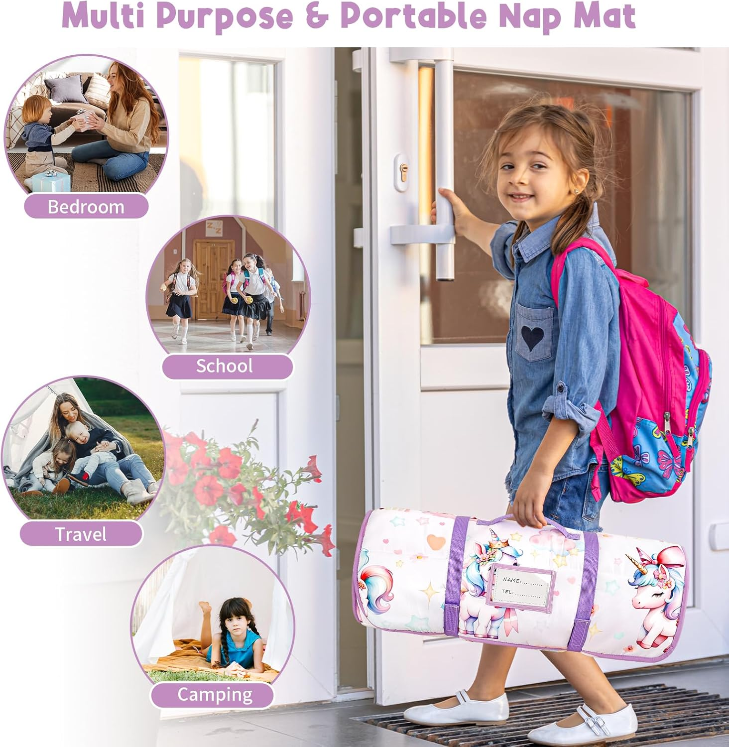 Toddler Nap Mat with Removable Pillow & Soft Minky Blanket, HNHUAMING Extra Large Rolled Napping Mats for Girls Boys, Kids Slumber Bags for Daycare, Preschool Travel Camping image number 1