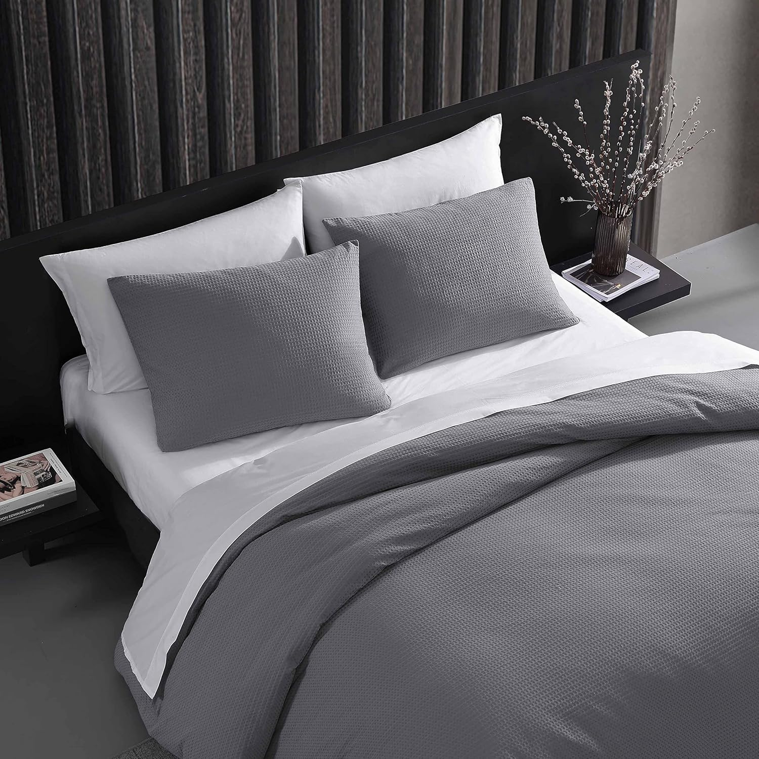 Vera Wang - King Duvet Cover Set, Luxury Cotton Bedding with Button Closure, Includes Matching Shams (Waffle Pique Pewter Grey, King) image number 5