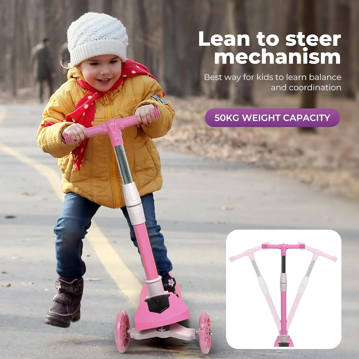 Bopeep 3 Wheeled Scooter for Kids, 3 Wheels Foldable Kick Scooter with Flashing LED Lights for Boys Girls, Lean to Steer，3 Levels Height Adjustable Scooter, 3-6 Years Old, Toddler Scooter Music - Blue image number 4