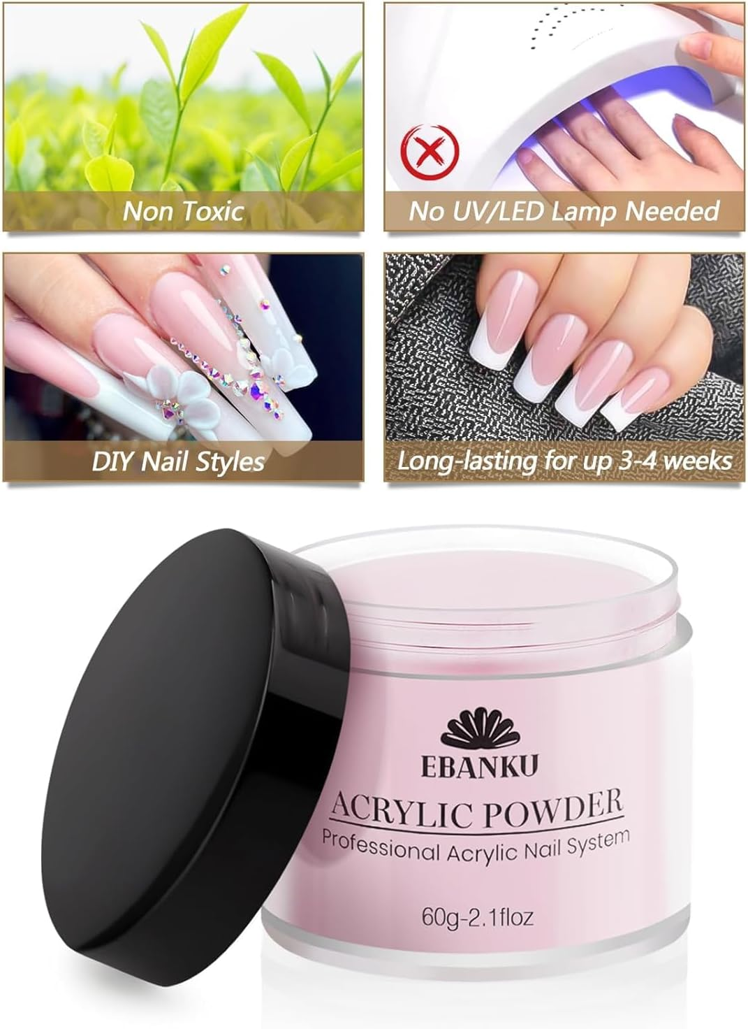 Kalolary Acrylic Nail Powder Set, 2 Colors Pink White Acrylic Powder Professional Nail Acrylic Powder for Nail Acrylic Extension, Nail Carving, Long-Lasting, No Nail Lamp Needed, 2.1 Oz image number 3