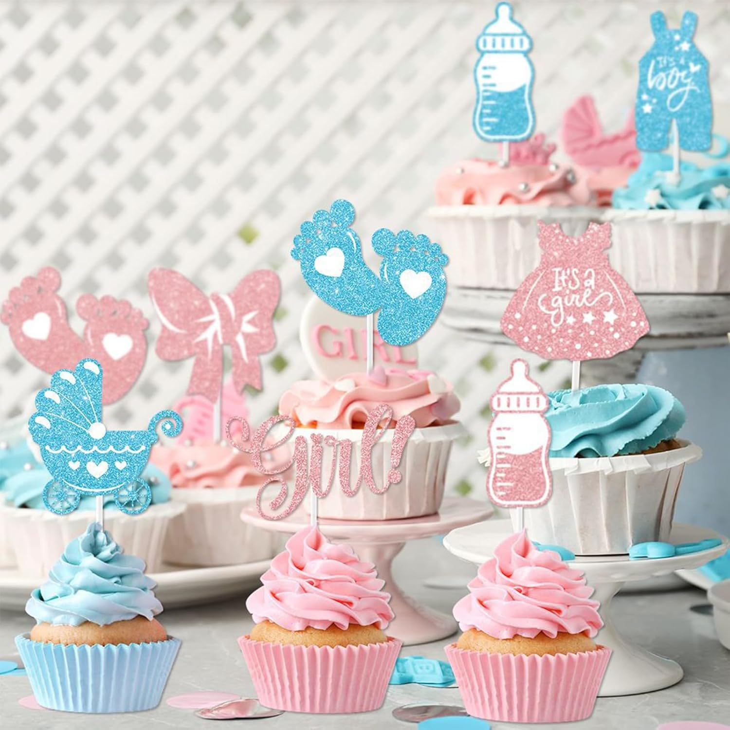 24 Pcs Baby Gender Reveal Cupcake Topper Set; Boy or Girl Themed Party Cake Decorating Props; for Baby Shower Gender Reveal Party Creative Decorations image number 6