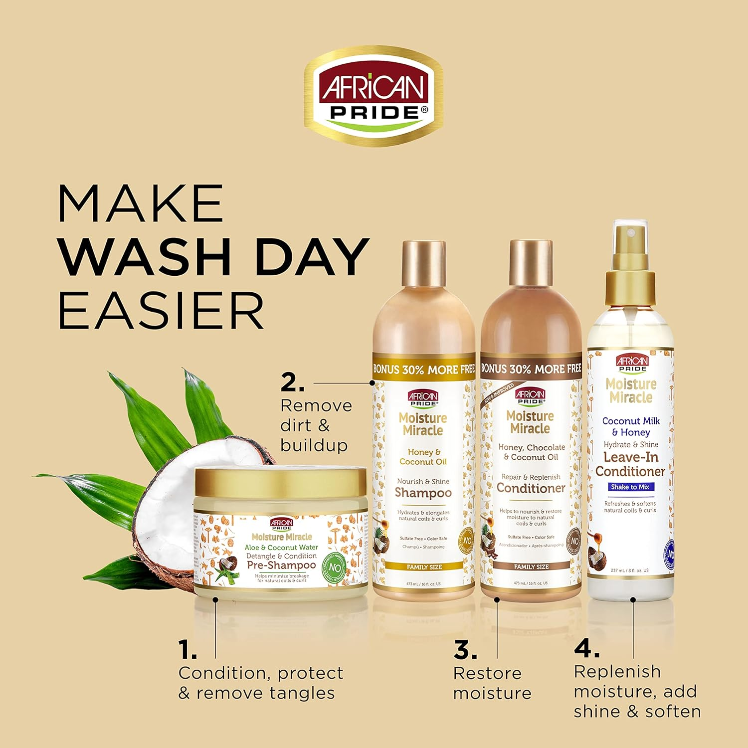 African Pride Moisture Miracle Conditioner Honey, Chocolate & Coconut Oil 473Ml (160Z) image number 3