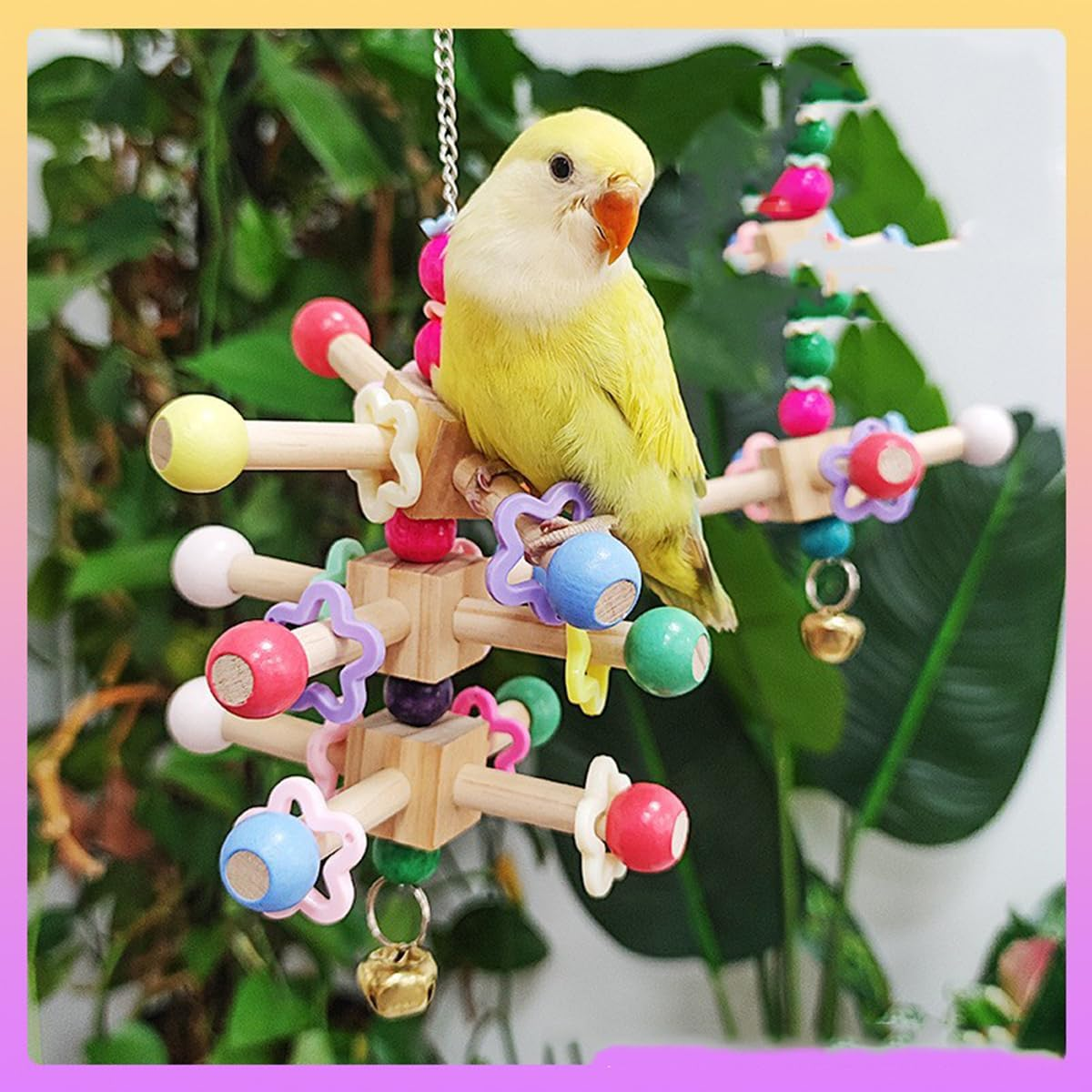 Bird Wooden Stand Perch Toys, Interactive Rotatable Parrot Chewing Toys with Bead Colorful Bell for Birds Parakeet Climb and Play image number 3