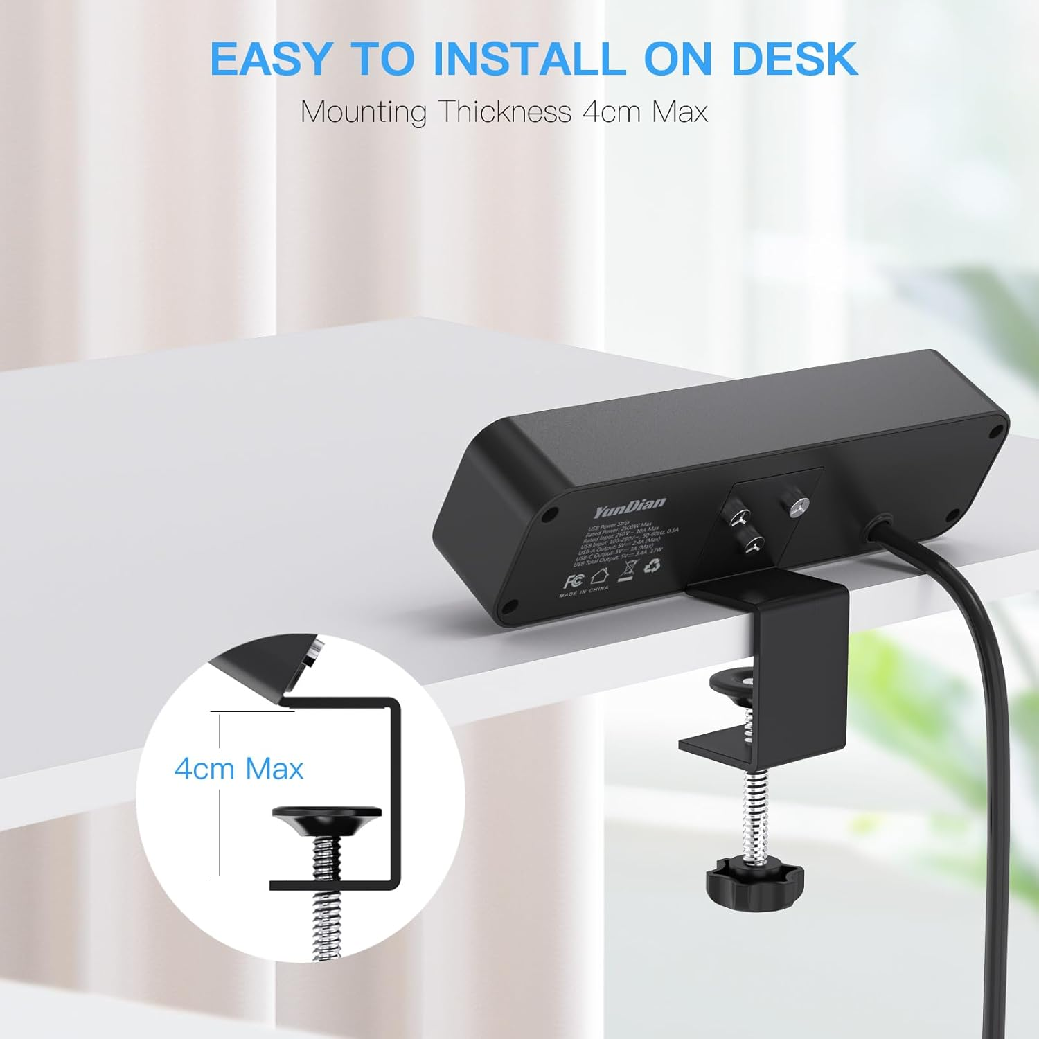 Yundian Power Strip with USB, 3 AC Outlets, 2 USB C Ports, 2 USB a Ports, 2M Extension Cord, 10A/2500W, Black - Black image number 6