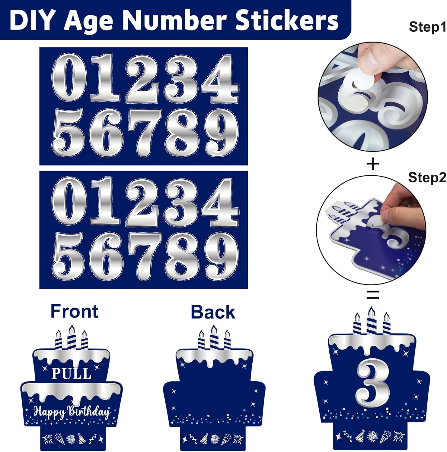 Happy Birthday Money Gift Box with DIY Stickers for Any Age - Blue Sliver Surprise Birthday Party Cash Gift Box with Pull Out Card for Men Boys - a Fun Way to Present Cash as Gifts.