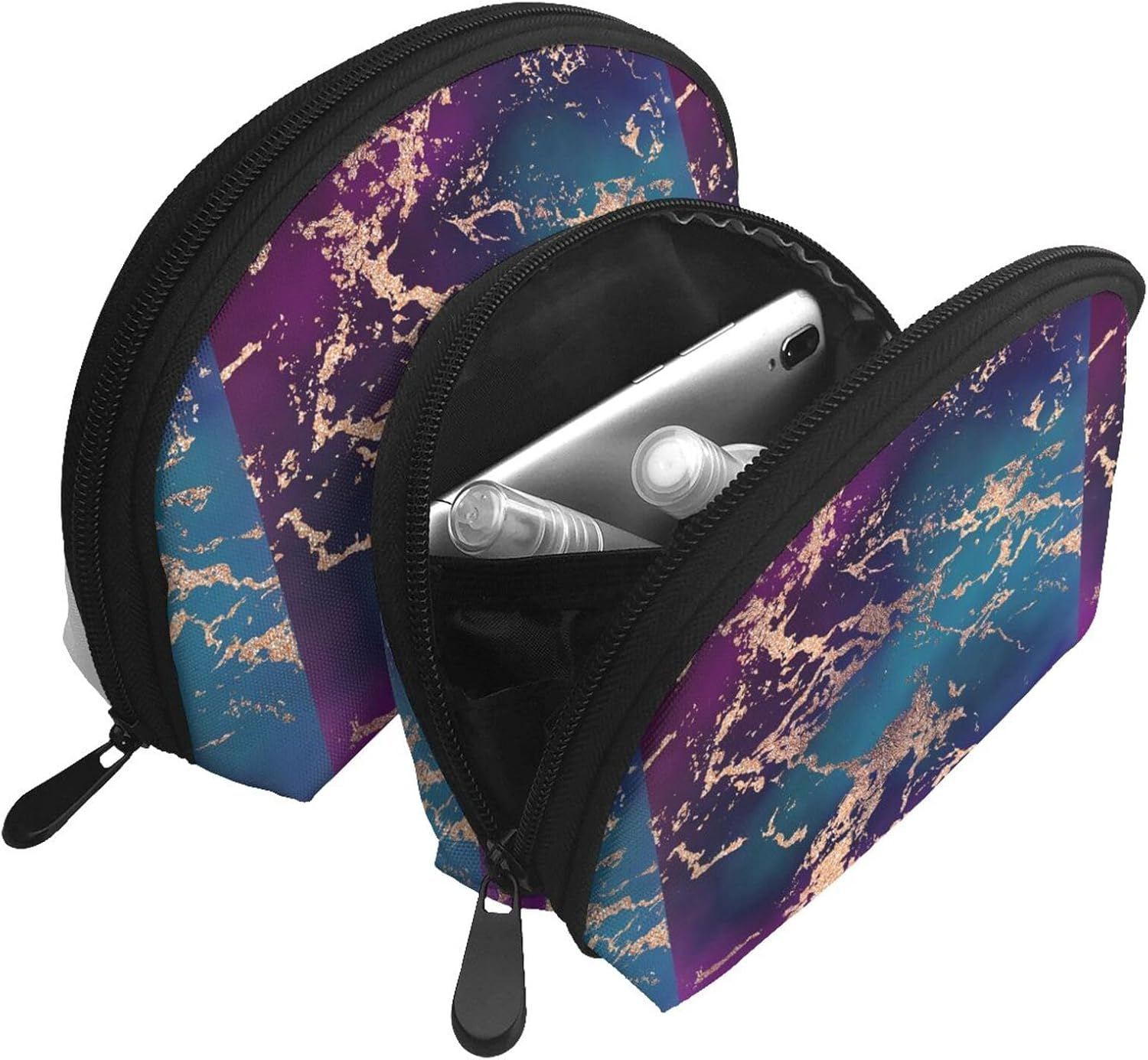 Cozimangoe Coin Pouch Makeup Bags Set, 2 Piece Shell Shape Cosmetic Bag with Pockets for Daily Travel Handbag Lipstick Keys Toiletry, Personalized Marble Luxe Decor Dark Purple and Teal with Gold