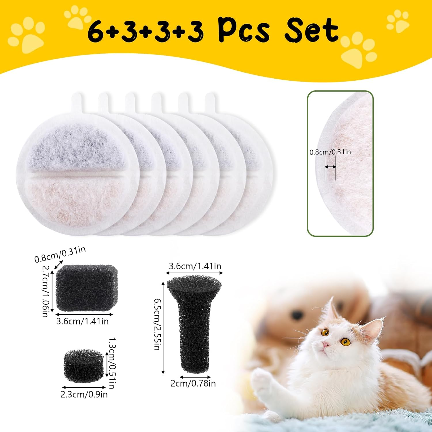 6 + 9 Pieces Cat Fountain Filter, Drinking Fountain Cat Replacement Filter, Filter Cat Fountain for 84 FL 2.5 L Drinking Fountain for Cats and Dogs Cat Fountain, with Carbon Filter and Foam Filter image number 3