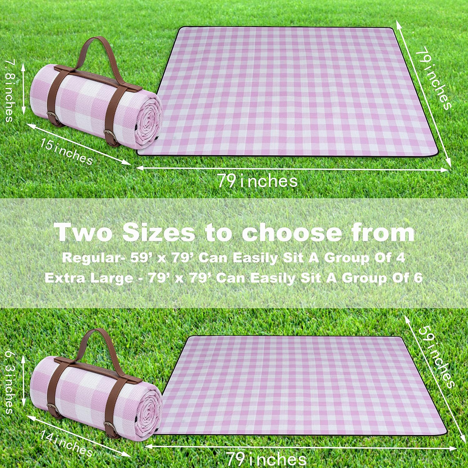 Foldable 59''X79'' Extra Large Waterproof Picnic Blanket - Thick Outdoor Mat Perfect for Park and Beach, Water Resistant for Happy Outings. Machine Washable Picnic Tote... (Pink Gingham)