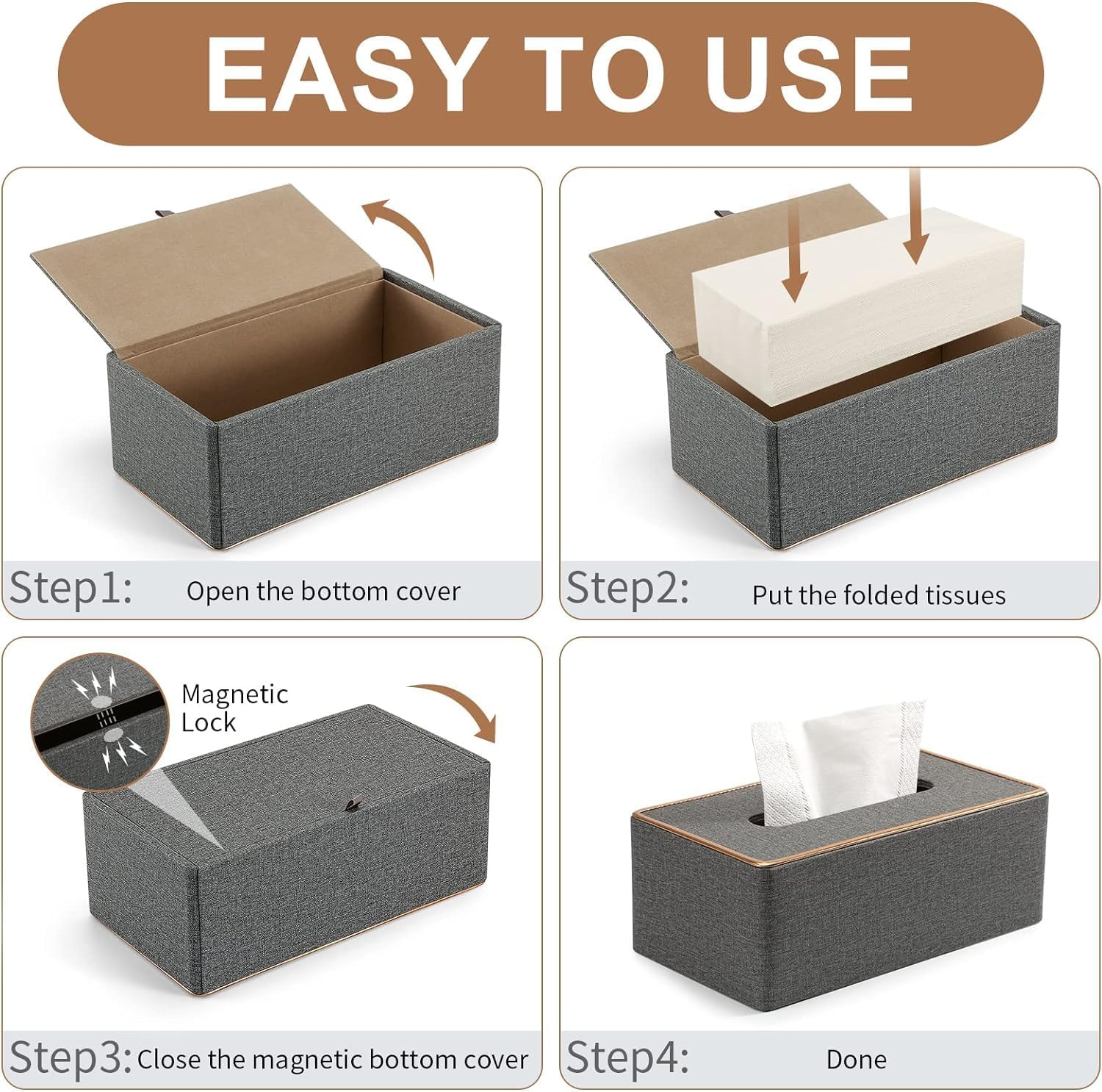 Tissue Box Cover, PU Leather Tissue Box Holder Rectangular Kleenex Box Covers for Home/Office/Car Decoration 9.84"X5.23"X3.77" (Grey) image number 2