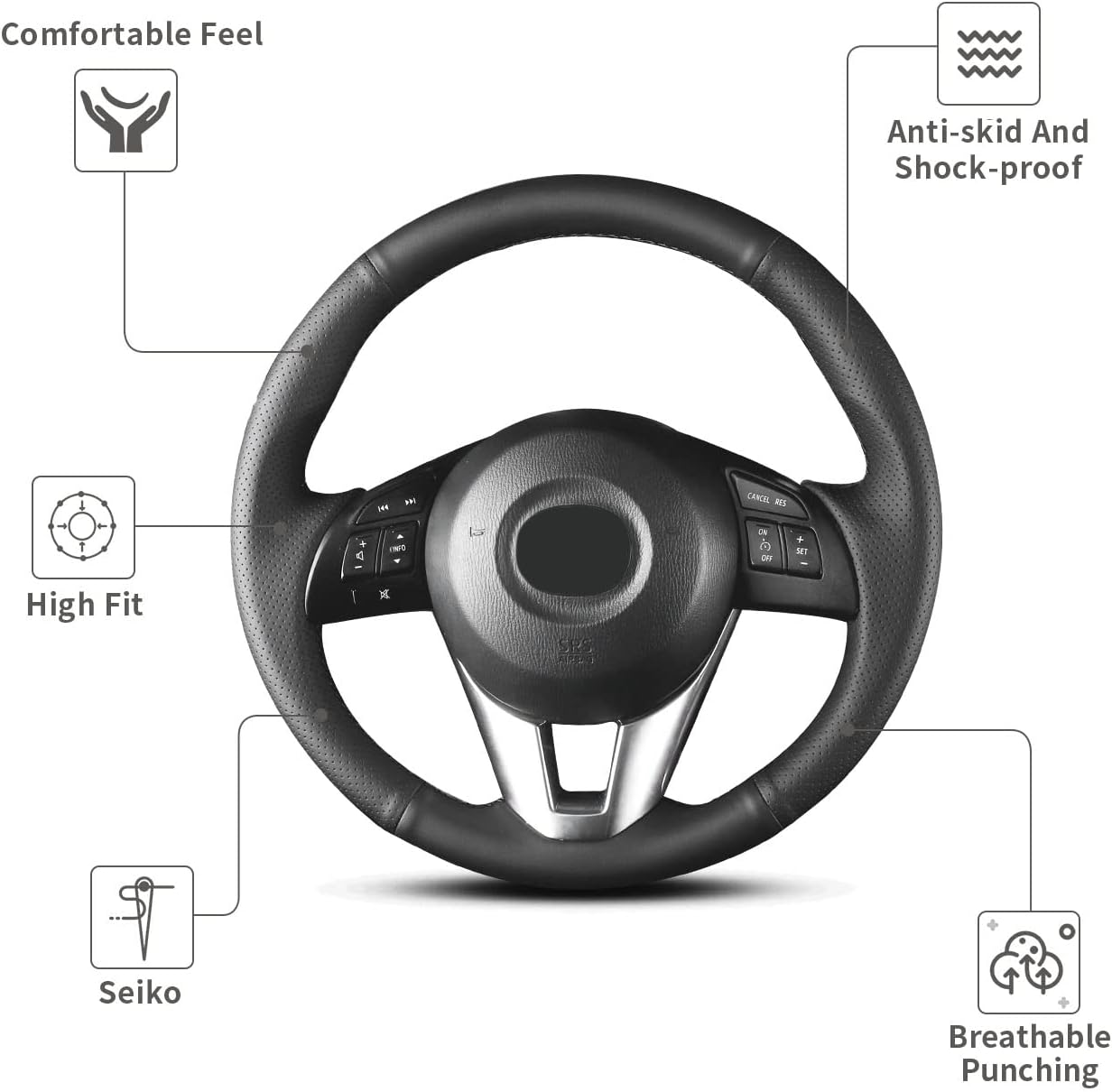 Yeolpise Hand Sewn Microfiber Leather Steering Wheel Cover on Wrap,Fit for Mazda 3 2014-2016 Mazda 6 2014-2016 Mazda 2 2015-2017 CX-3 2016-2017 CX-5 2013-2016 for Scion Ia 2017 image number 1