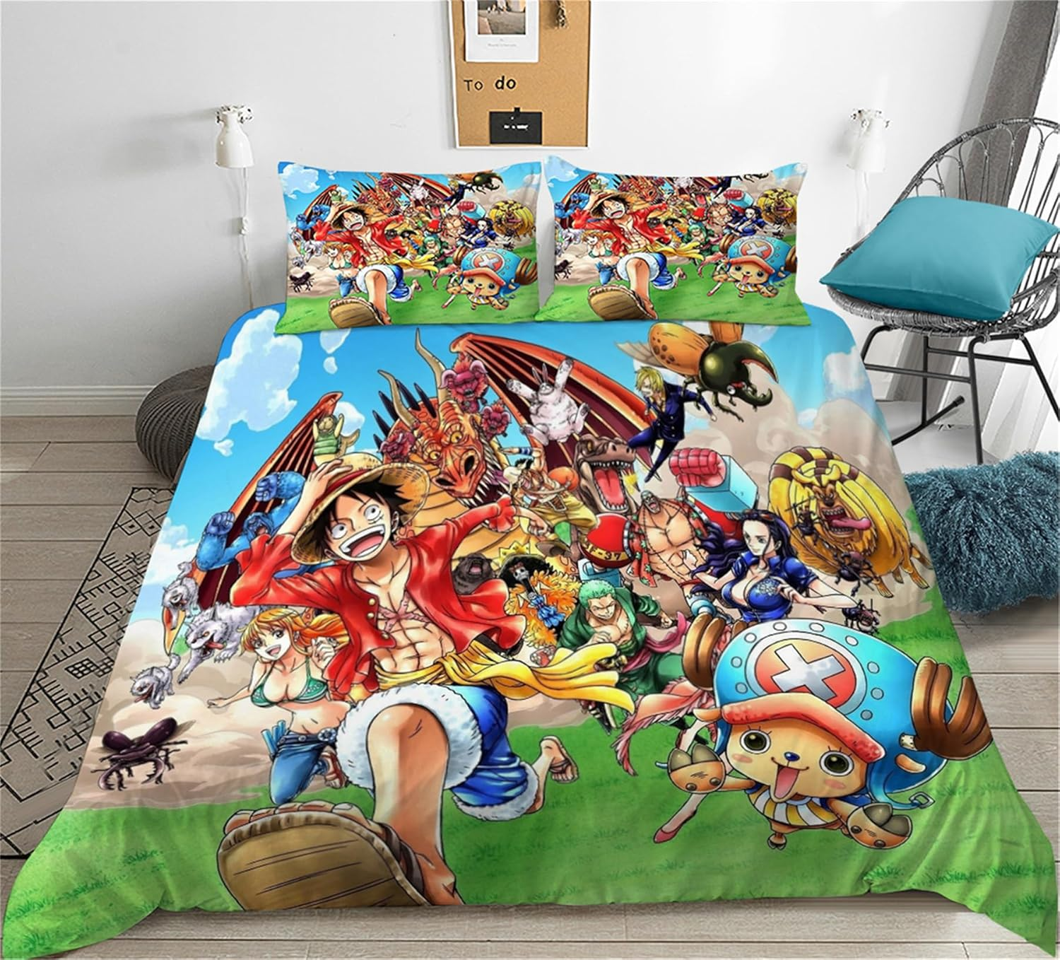 Kids 3 Pieces Bedding Duvet Cover Set Anime One Piece Quilt Cover Queen Size Lightweight Duvet Cover for Bedroom