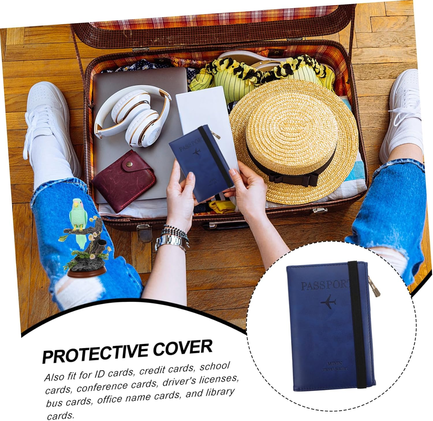 BCOATH Travel Passport Protector Pu Passport Holder RFID Blocking Card Cover with Zipper Gate Pass Holder for Men and Women Short Blue