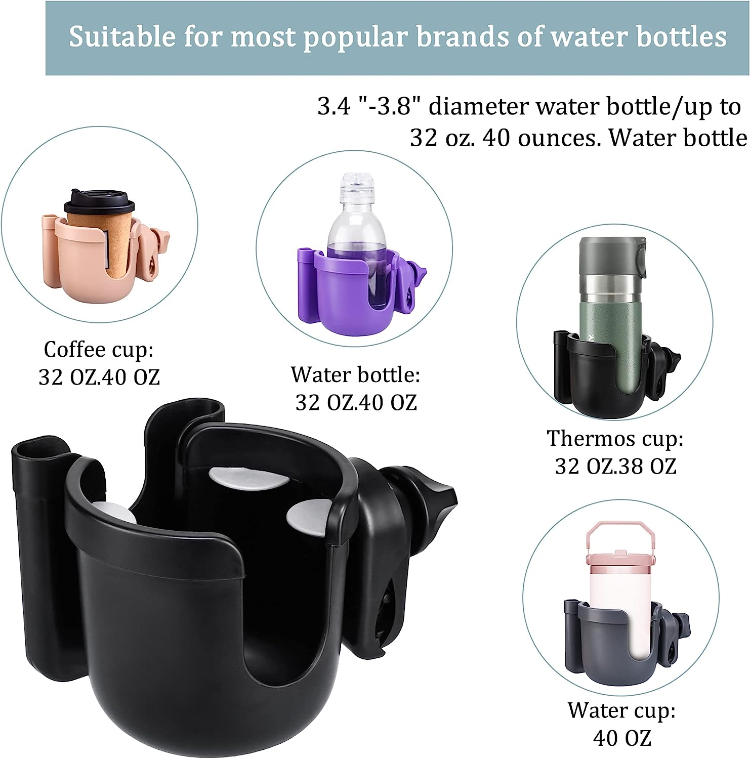 Suranew Universal Stroller Cup Holder, Adjustable Drink Holder with Phone Holder for Baby Stroller, Wheelchair, Walker, Bike, Scooter, Gifts for Family Member. - Blue image number 3