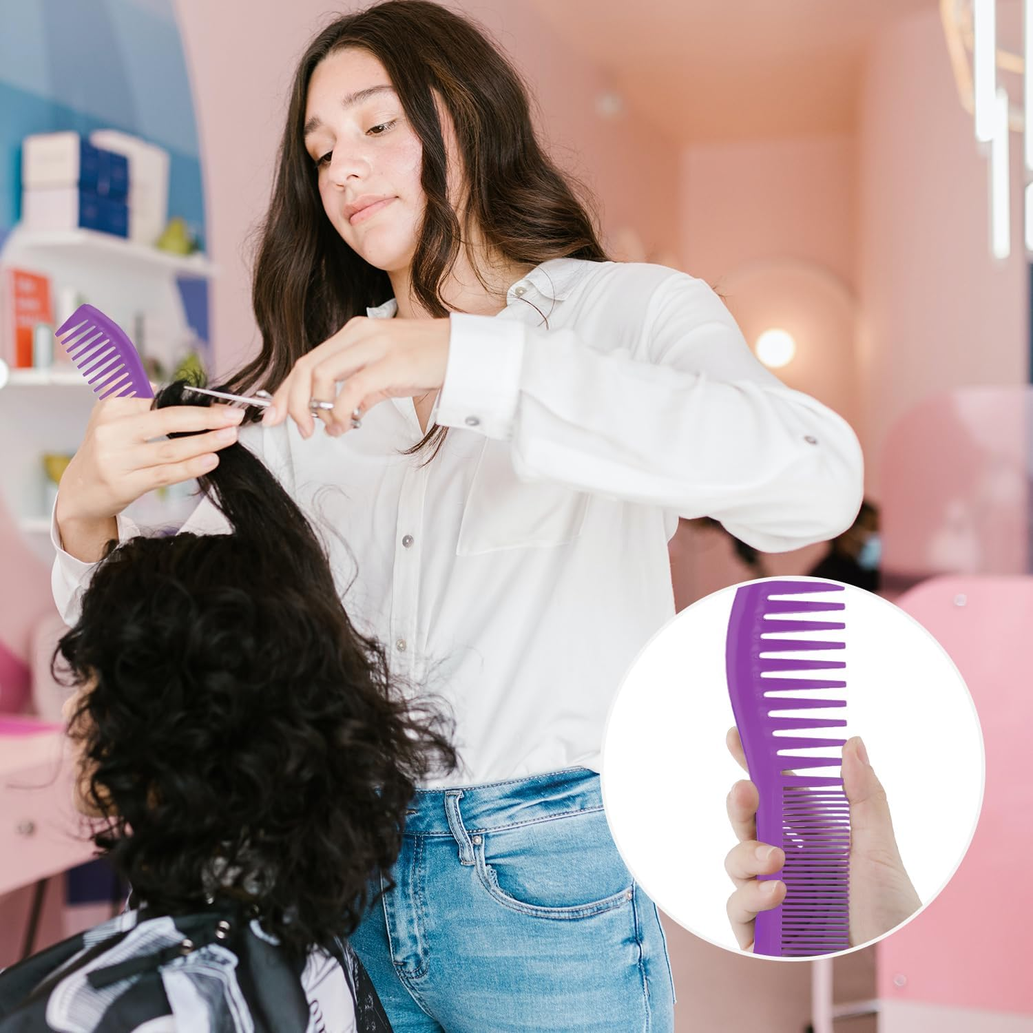 2Pcs Hair Combs, Plastic Hairstyle Comb Large Tooth&Fine Tooth Comb Barber Comb for Men Women Combing Hairstyling Trimming Cutting Barber (Purple) image number 1