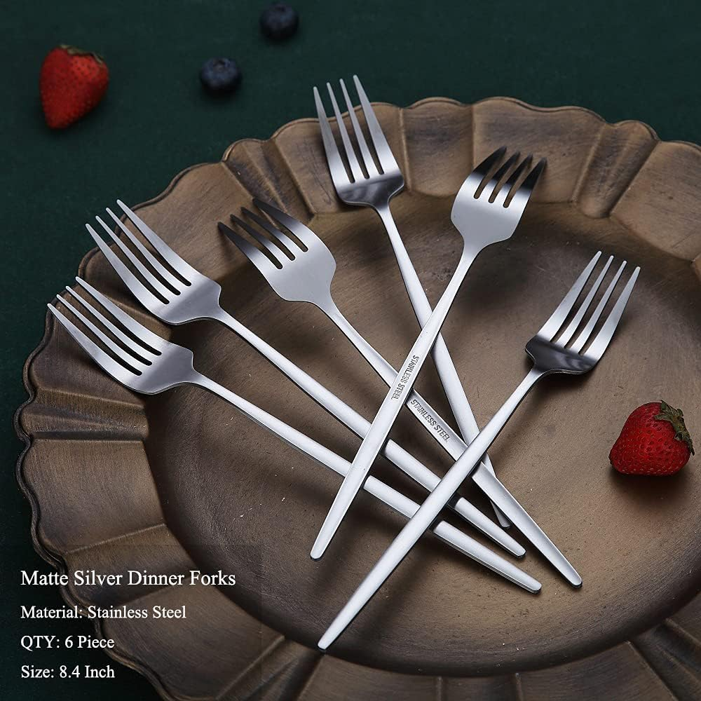 Matt Dinner Forks 6 Piece, Stainless Steel Dessert, Table, Salad Forks - Silverware Set for Home, Kitchen or Restaurant - Dishwasher Safe (Matt Silver-8.4 Inch) - 4. Matt Black image number 2