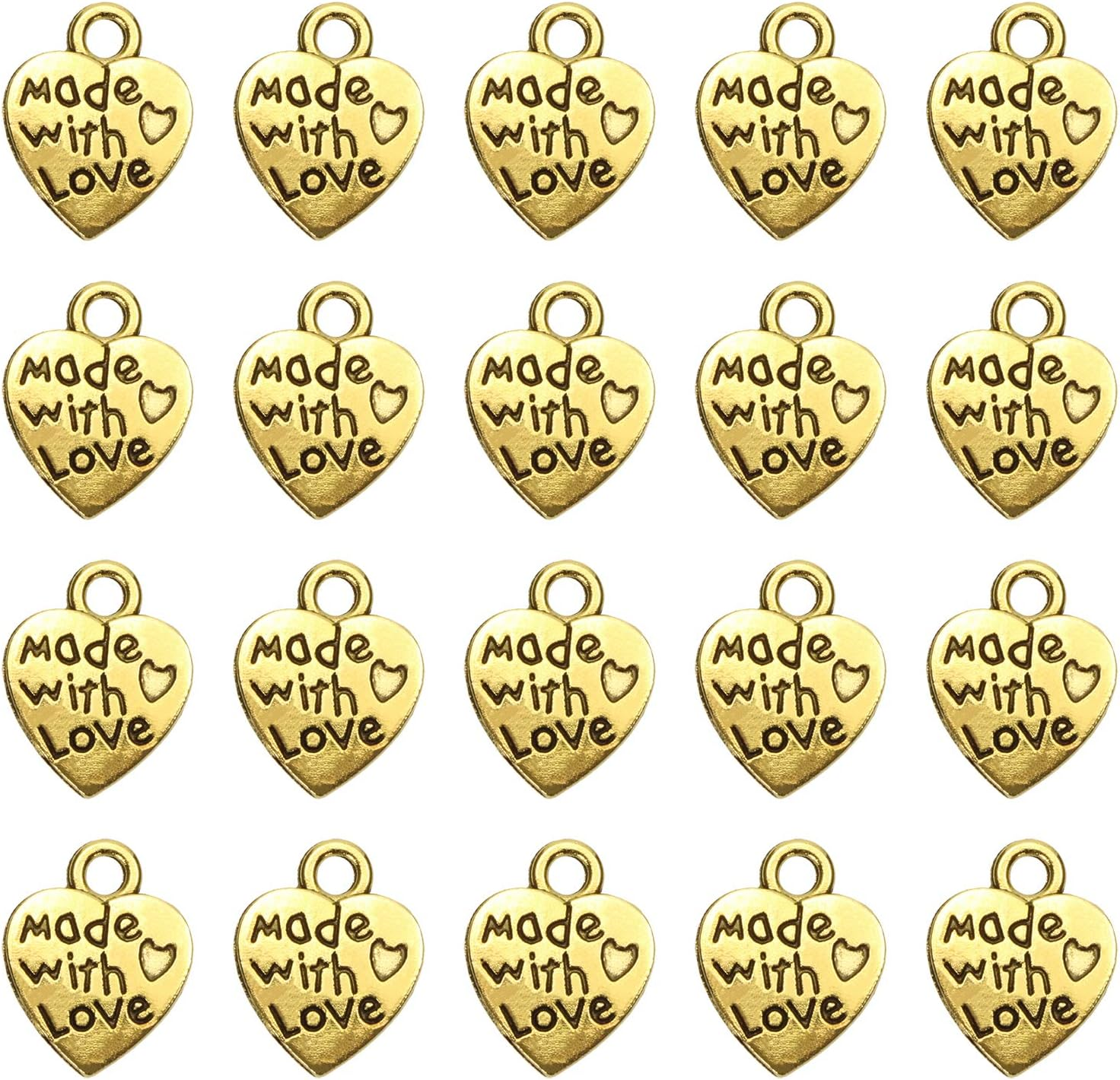 Shapenty 100PCS Mini Metal Beads Heart Shaped &ldquo;Made with Love&rdquo; Charms Bulk for DIY Craft Keychain Necklace Pendants Bracelets Earrings Jewelry Making Findings, 12 X 10Mm, Metal, Metal