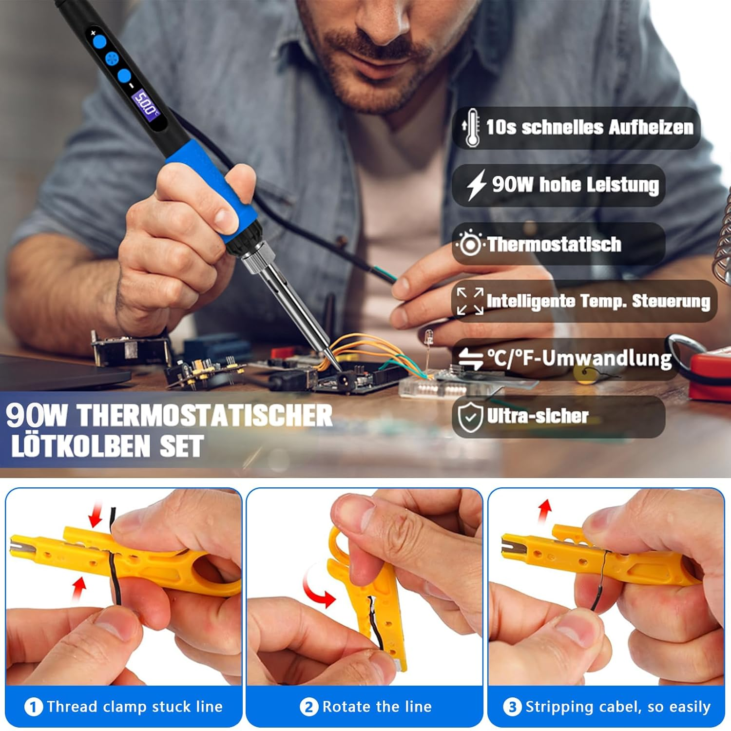 Soldering Station 90 W with LCD Temperature Control (180-500 &deg;C) - Soldering Iron Set Including 5 Soldering Tips, Desoldering Pump, Side Cutters, Soldering Stand and Tweezers - Welding Accessories