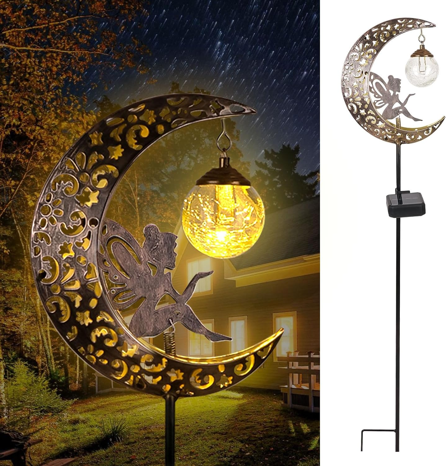 Solar Lights Outdoor Garden Decor LED Moon Fairy Crackle Glass Lights Waterproof Metal Stake Ornament for Patio Lawn Yard outside Decorations- Unique Gift Ideas for Gardening (Warm White)